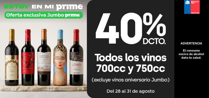 Prime - TODOS LOS VINOS 700 Y 750 CC 40% DESCTO - 28-08-2026 al 31-08-2026