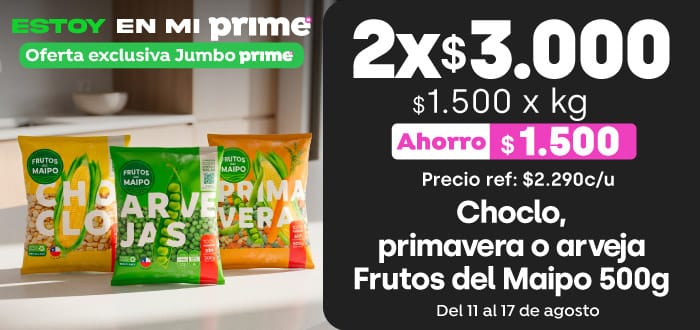 Prime - Choclo, primavera o arveja Frutos del Maipo 500g 2x$3.000 // Pref: desde $2.250 c/u / PPUM $1.500 x kg - 11-08-2026 al 17-08-2026