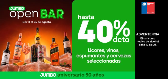Especial - Todas las ofertas Open Bar: hasta 40% dcto en licores, vinos, espumantes y cervezas seleccionadas - 11-08-2026 al 24-08-2026