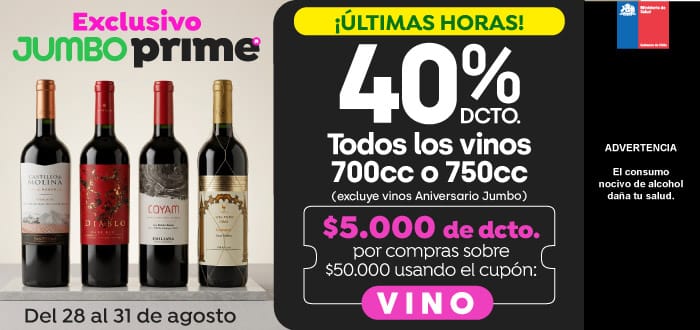 Prime - TODOS LOS VINOS 700 Y 750 CC 40% DESCTO - 28-08-2026 al 31-08-2026