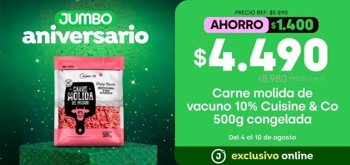 Bombazo excl ecomm - CARNE MOLIDA VACUNO 10% C&CO congelada 500 g $4.490 (p.ref. $ / ppum $8.980 - 04-08-2026 al 10-08-2026
