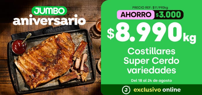 Bombazo excl ecomm - COSTILLARES SUPER CERDO VARIEDADES $8.990 KG (p.ref. $11.990 kg) - 18-08-2026 al 24-08-2026
