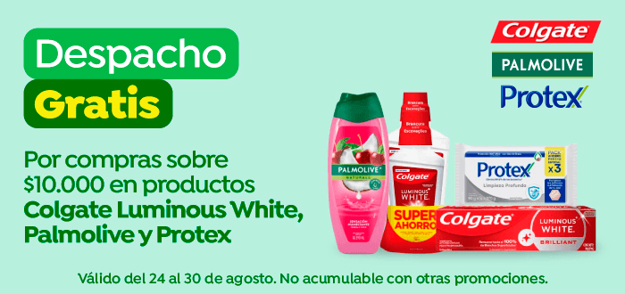 Dsp gratis - COLGATE - Despacho gratis Por Compras Sobre $10.000 mil en productos Colgate Luminous White, Palmolive y Protex - 24-08-2026 al 30-09-2026