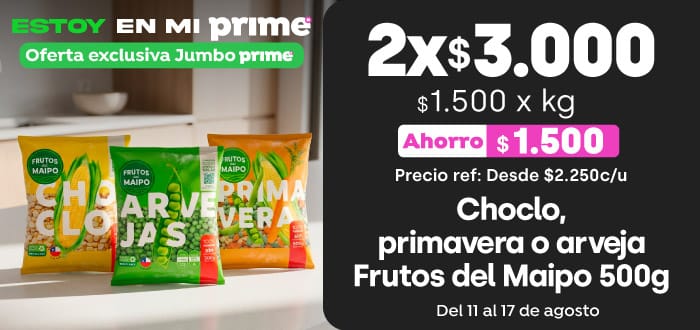 Prime - Choclo, primavera o arveja Frutos del Maipo 500g 2x$3.000 // Pref: desde $2.250 c/u / PPUM $1.500 x kg - 11-08-2026 al 17-08-2026
