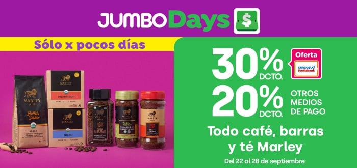 Ciclos - Todo café, barras y té Marley 30% tc 20% tmp - 22-09-yyyy al 28-09-yyyy