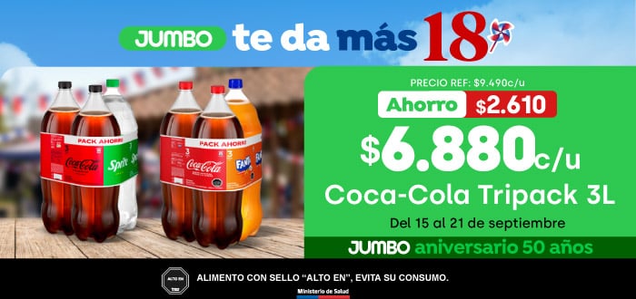 Banner ppal proveedor - COCA COLA - Tripack 3 litros $6890 Precio Ref $9490 - 08-09-2026 al 14-09-2026