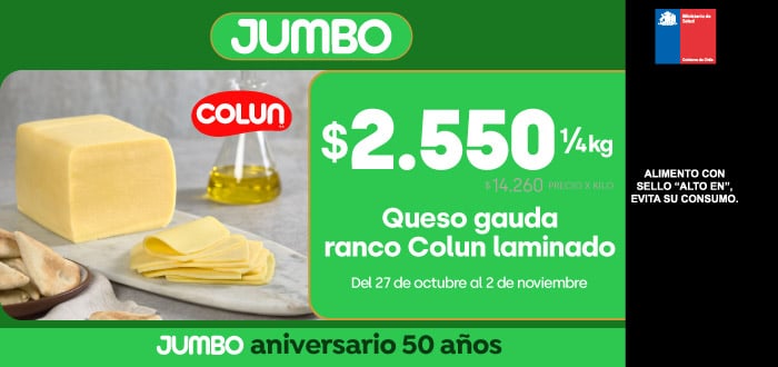 Ciclos - Queso gauda ranco Colun laminado $2.550 1/4kg // ppum: $14.260kg - 27-10-2026 al 02-11-2026