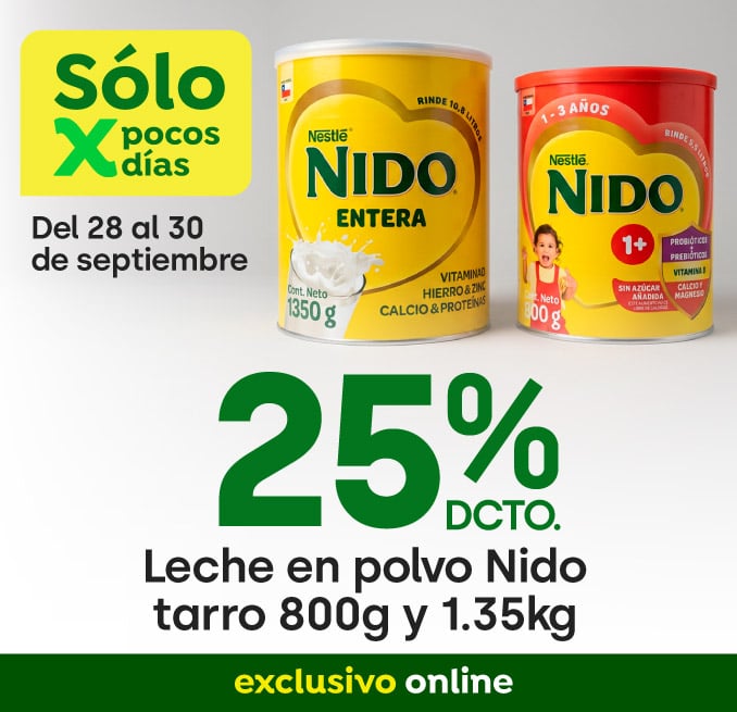 Nestlé 25% leche en polvo nido tarro 800GR y 1350GR