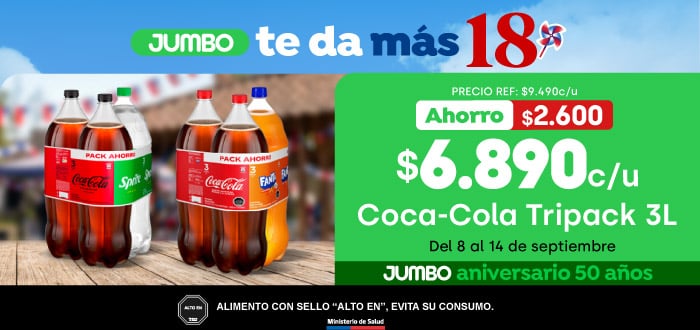 Banner ppal proveedor - COCA COLA - Tripack 3 litros $6890 Precio Ref $9490 - 08-09-2026 al 14-09-2026