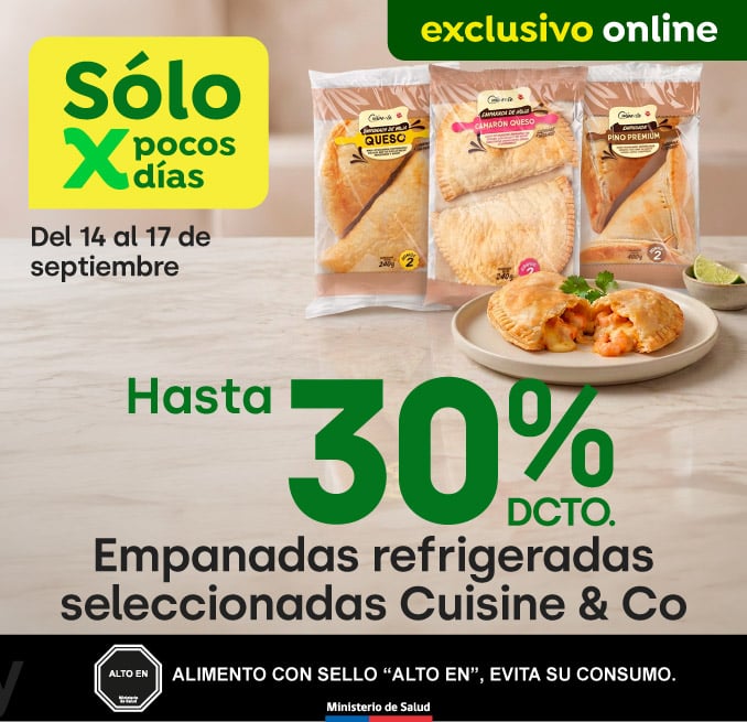 Bombazo excl ecomm - 30% TMP EMPANADAS REFRIGERADAS C&CO PINO, PINO PICANTE, QUESO, CAMARON QUESO, MECHADA QUESO CHAPARRITA 20% TMP 30%TMP - 14-09-2026 al 17-09-2026