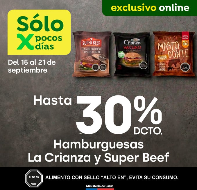 Bombazo excl ecomm - AGROSUPER - HASTA 30% EN HAMBURGUESAS LA CRIANZA Y SUPERBEEF - 15-09-2026 al 21-09-2026